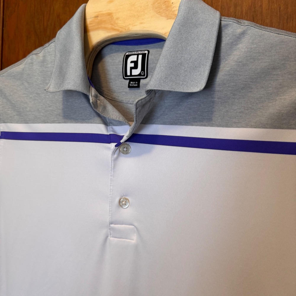 Footjoy‎ FJ Athletic Fit Mens Golf Polo Shirt White Grey L Mayfield Sand Ridge - Picture 3 of 7